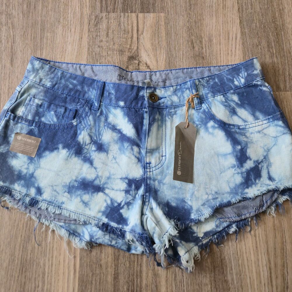 NWT Element Denim  Women's Tie Dyed Cut Off Shorty Shorts Blue/White Size 9